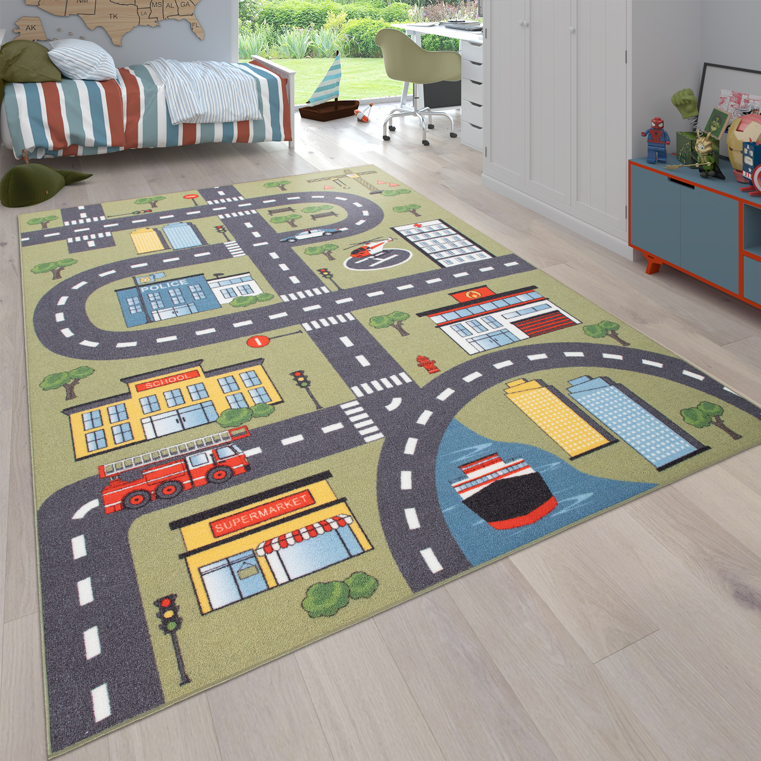 Paco Home Kinderteppich Spielteppich Teppich Kinderzimmer Junge Mädchen Straßen Design Mit Tieren Creme Blau Grau Grösse:Ø 200 cm Rund