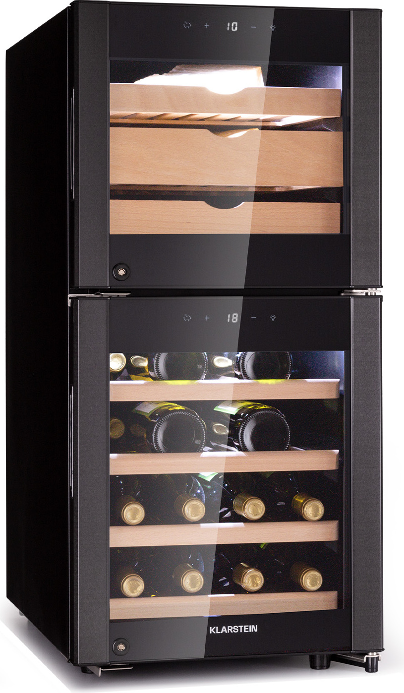 Klarstein Käse- und Weinkühlschrank, Kleiner Getränkekühlschrank Schmal, Weinkühlschrank mit Glastür, Kühlschrank Klein für Käse und Wein, mit LED-Display, Hygrometer, Flaschenkühlschrank 12-23°C, 89L HEA7-El Dorado-ch&w