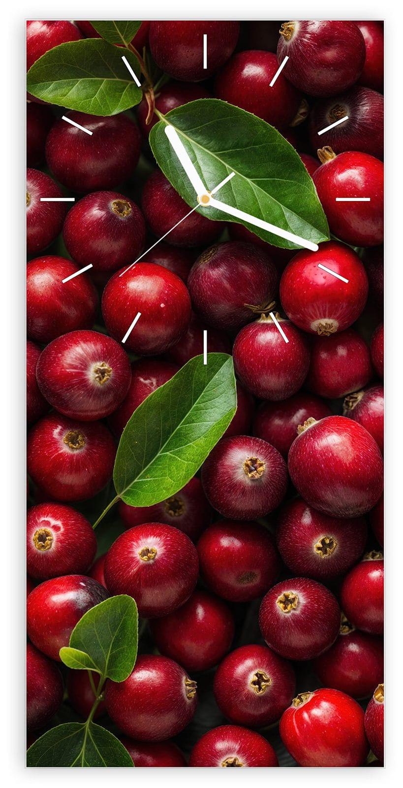 Primedeco Wanduhr aus Glas mit Motiv Frische Preiselbeeren- 30 x 60 cm - inkl. Aufhängesystem