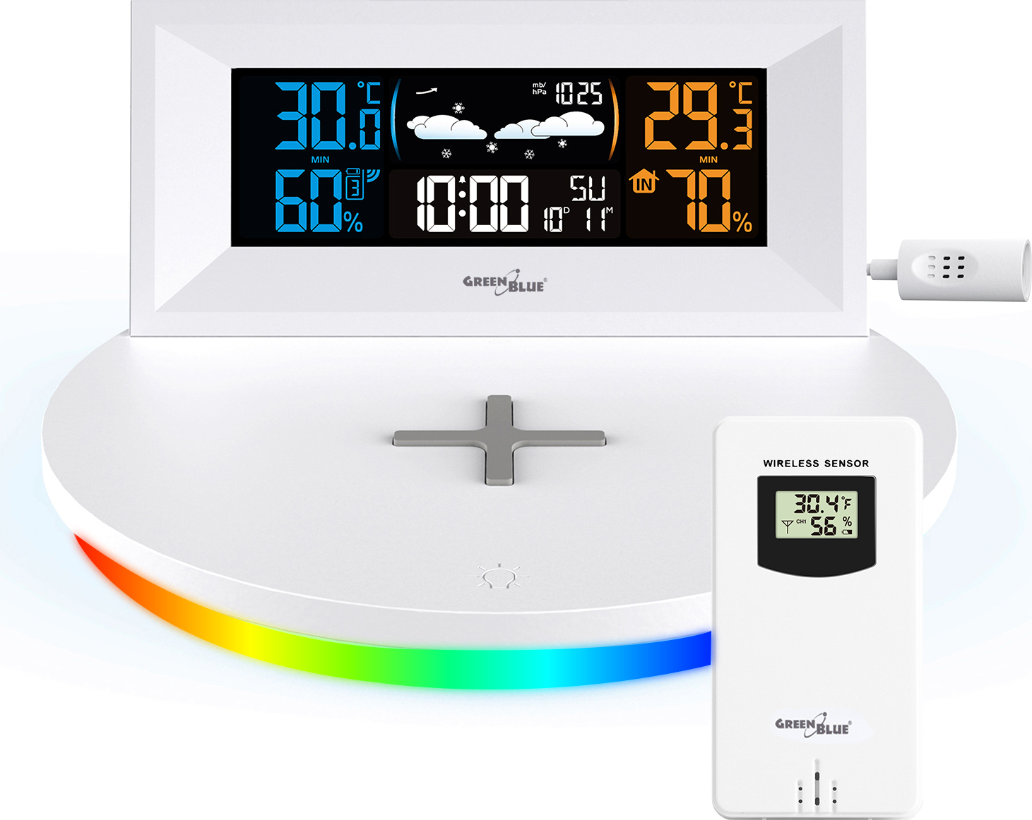 Wetterstation mit QI-Ladegerät und Beleuchtung LCD Farbdisplay Innen Außen Temperatur Wecker Schlummerfunktion USB GB213 GreenBlue