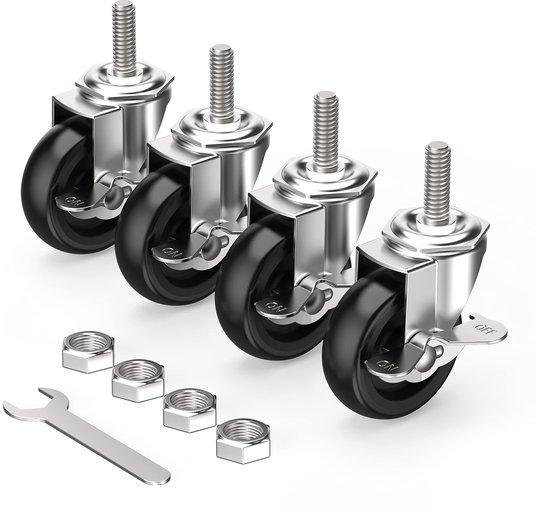 OEM Schwere Transportrollen 75 mm (3 Zoll) mit Bremsen, M12 x 1,75 x 30 mm, schwarze Gummirollen-Set aus 4 Rollen für Möbel 2026