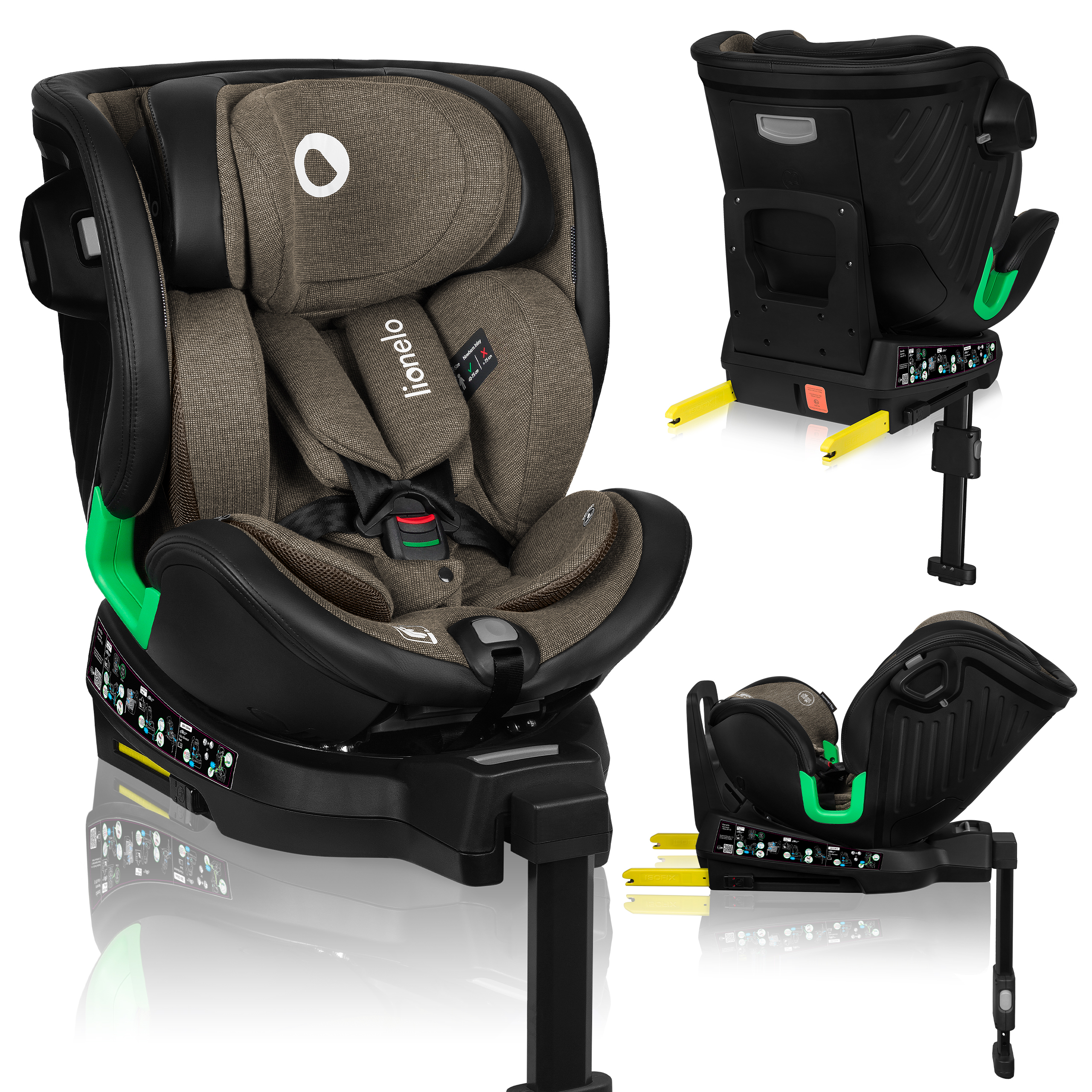 Lionelo Kindersitze Harmony i-Size, 360° EasyTurn Basis, ISOFIX und Stützfuß, BuckleAlarm, Side Impact Guard, Verstellbare Kopfstütze und Rückenlehne - Grün