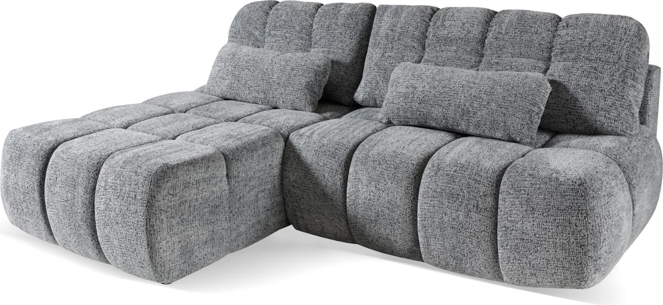 BETTSO Stepp-Ecksofa TARANTO grau-blau mit Bettzeugablage und Schlaffunktion links