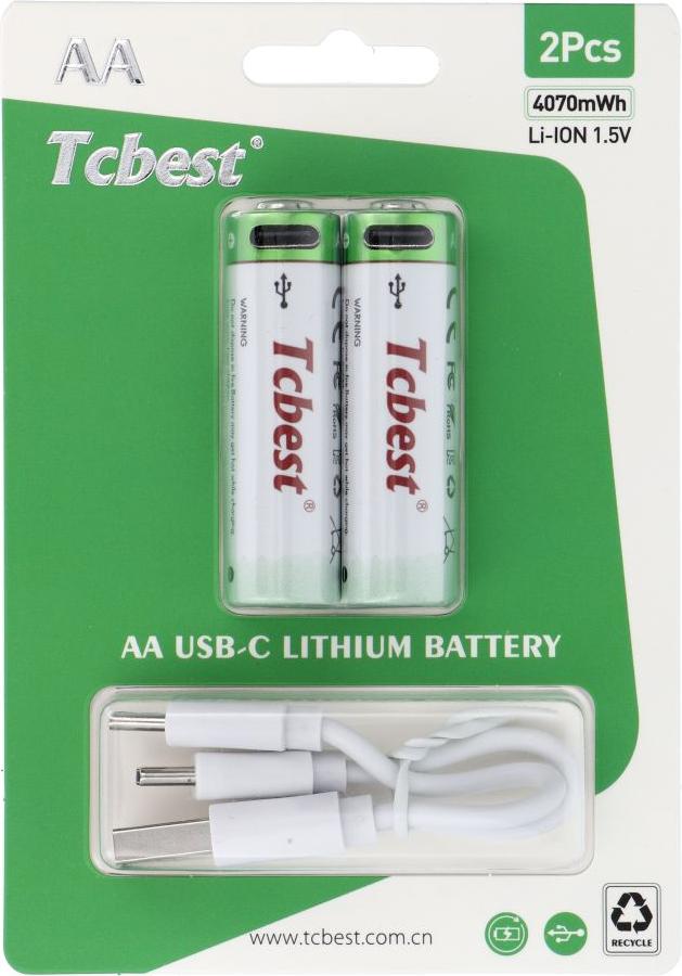 TCBEST dobíjacia batéria R6 (AA) 2713 mAh s konektorom typu C + kábel USB A na 2 x typ C 2 ks