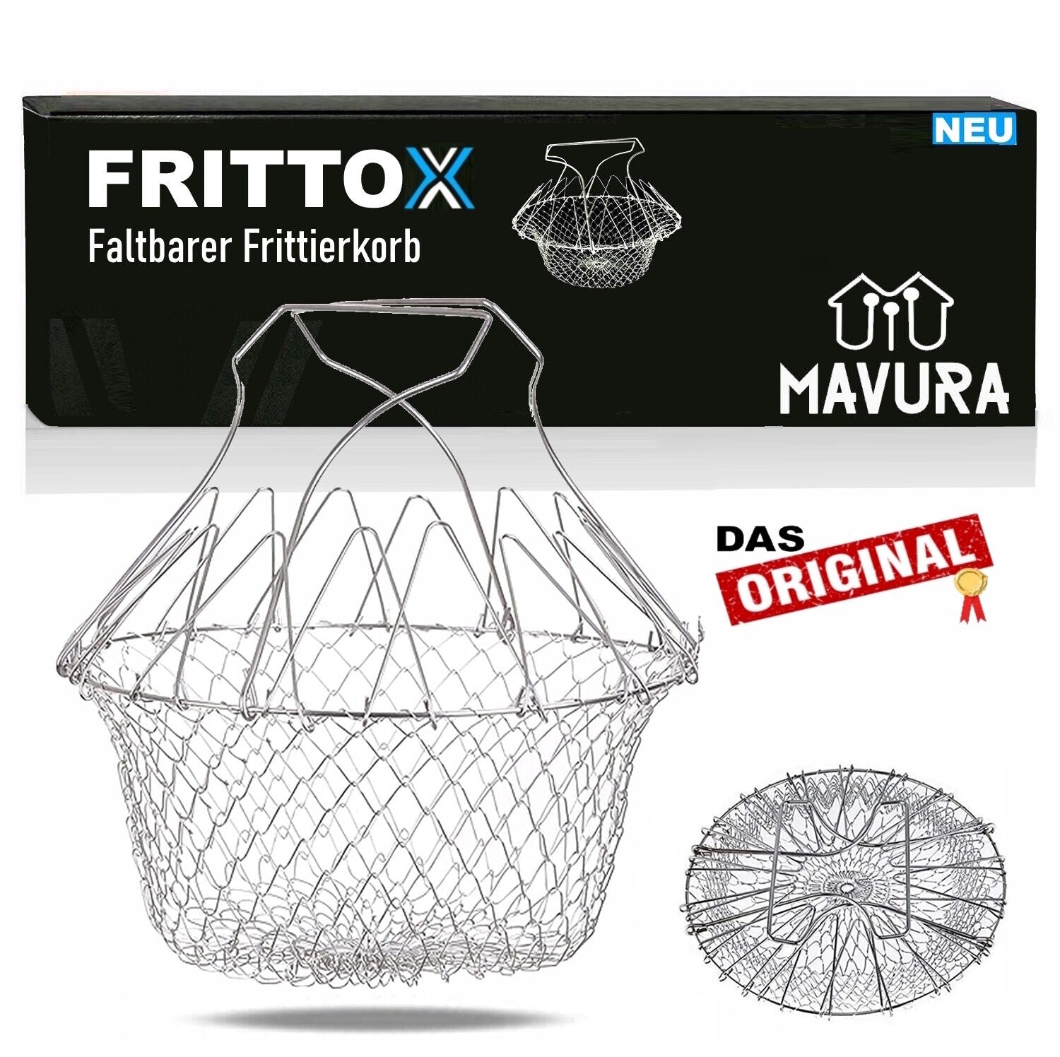 MAVURA FRITTOX Frittierkorb Edelstahl Topf Filtersieb Faltbar Sieb Frittierkörbchen A803