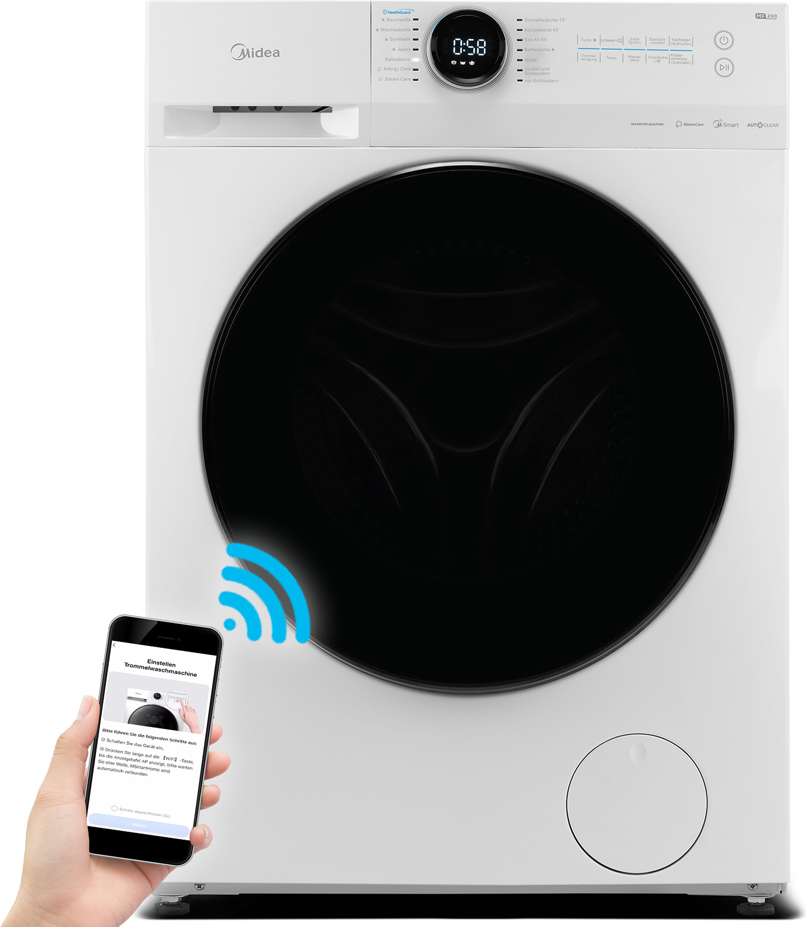 Waschmaschine 10 kg Steam Care WLAN Funktion Midea Lunar MF200W100WB-14A