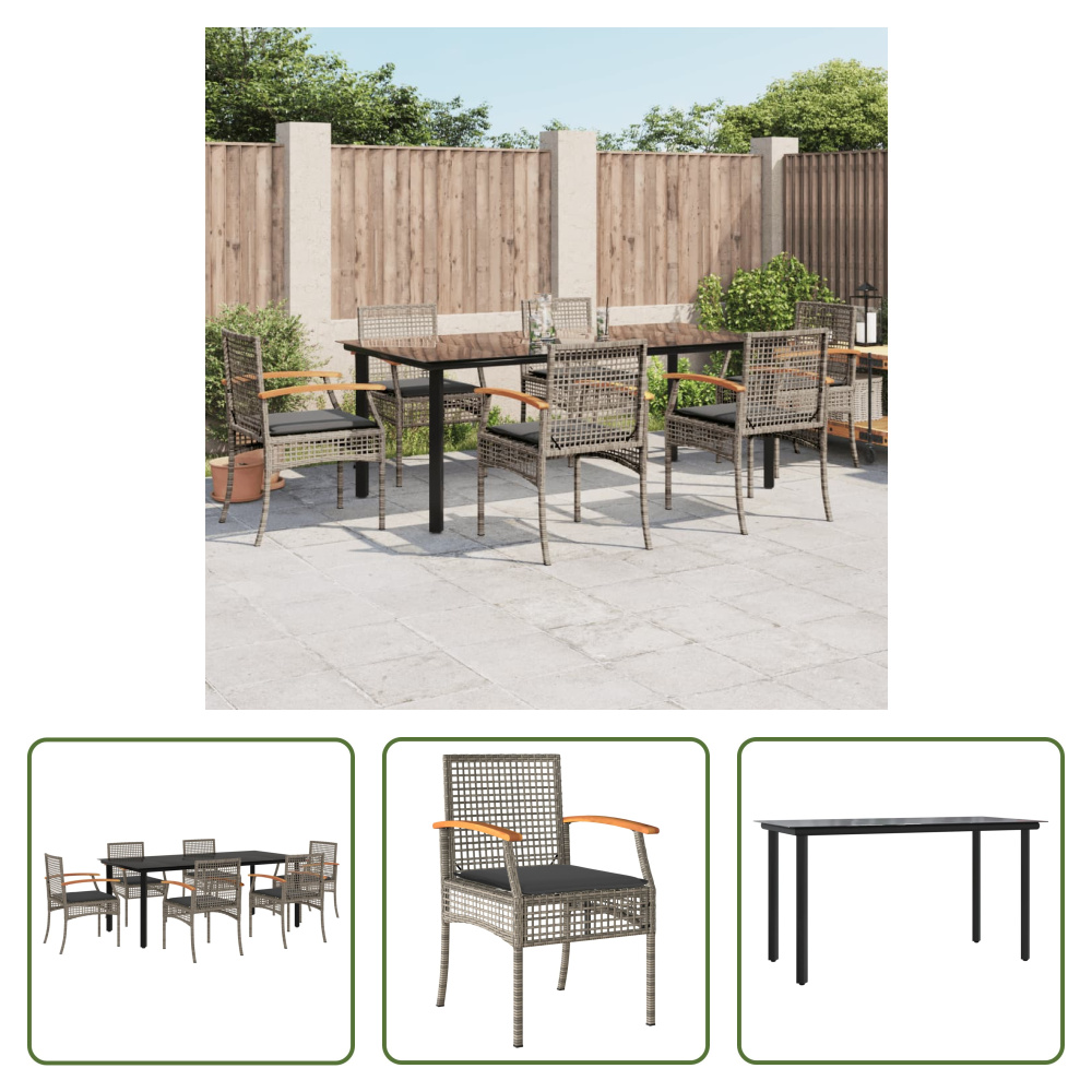 The Living Store 7-dielny záhradný jedálenský set s vankúšmi sivý polyratan
