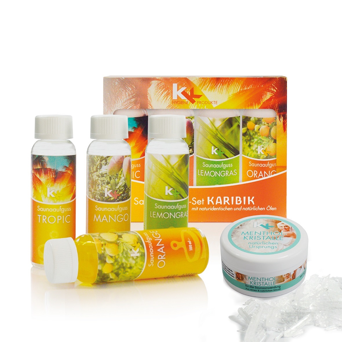 KK Hygiene Produkte KK Saunaaufguss Set Karibik | 4 x 100 ml/Flasche inkl.Mentholkristalle 50 g Dose 0037002K