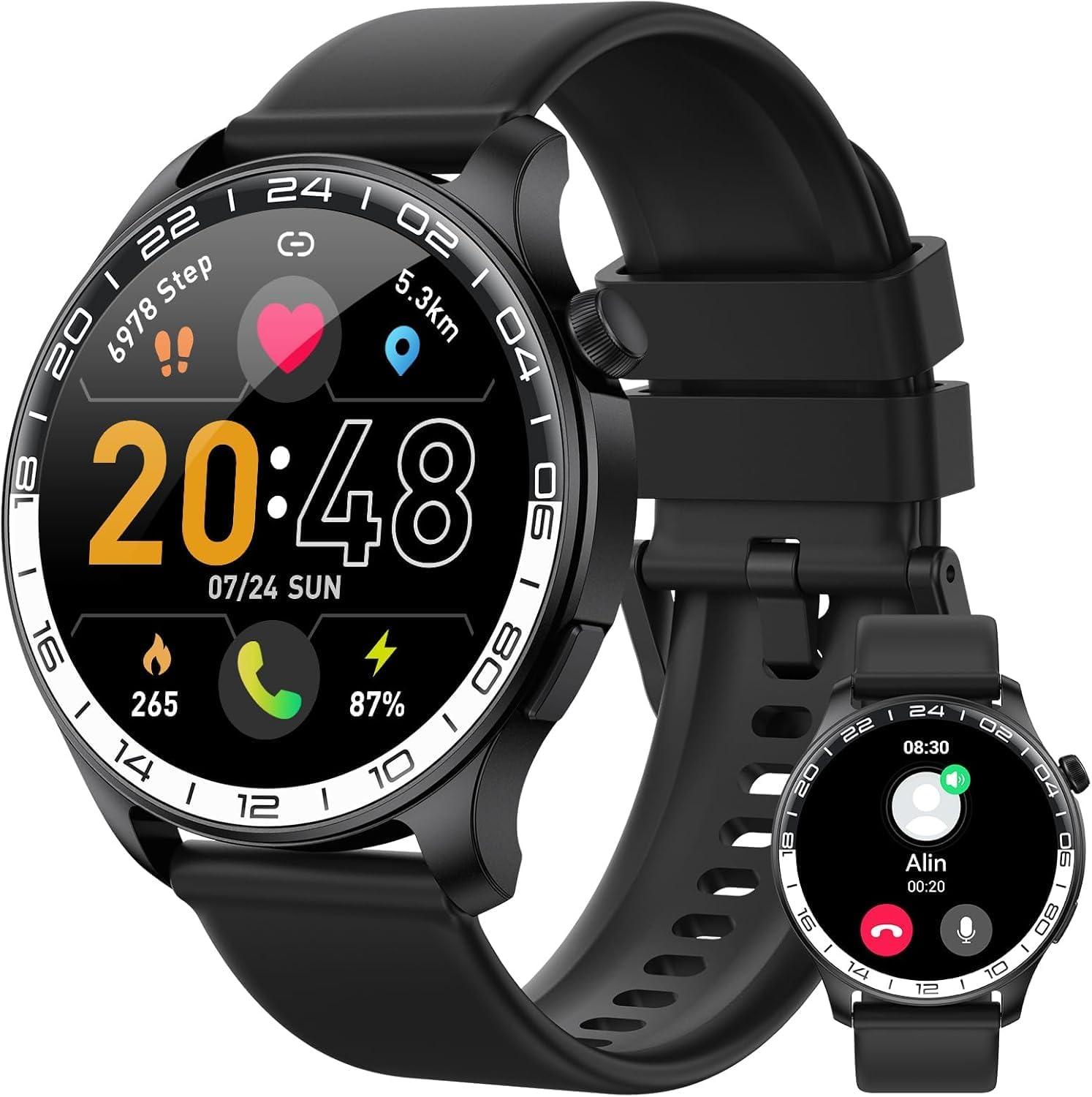 Smartwatch Herren 1.43 Inch AMOLED Fitness Uhr mit Bluetooth Anrufen 120 Sportmodi Schrittzähler Herzfrequenz SpO2 Schlafmonitor IP68 Wasserdicht