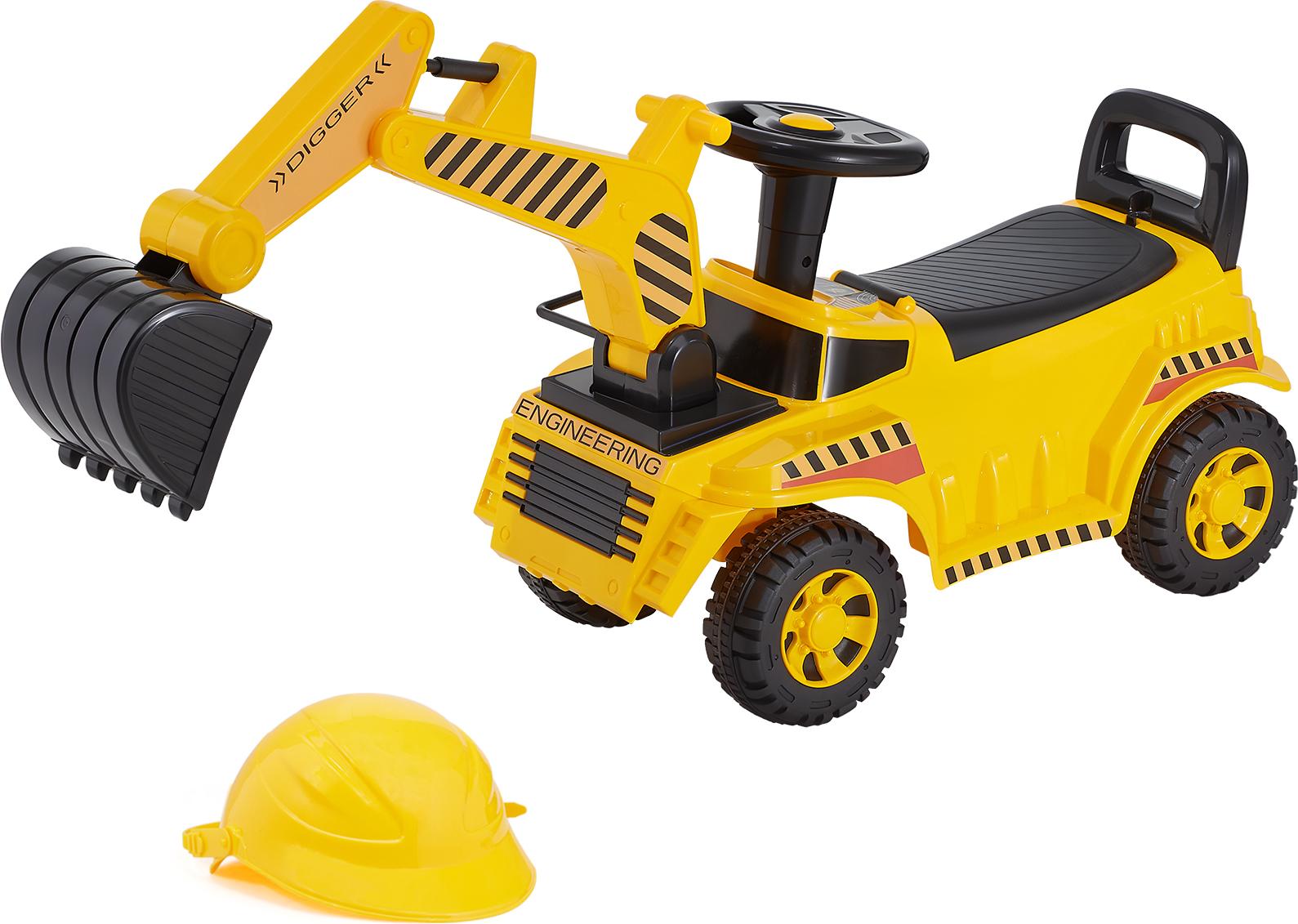 SucceBuy Sitzbagger für Kinder von 19 bis 36 Monaten, Spielzeugbagger mit Helm und Musik, Aufsitzbagger mit 25 kg Tragkraft, Lauflernhilfe für Kleinkinder, Gelb