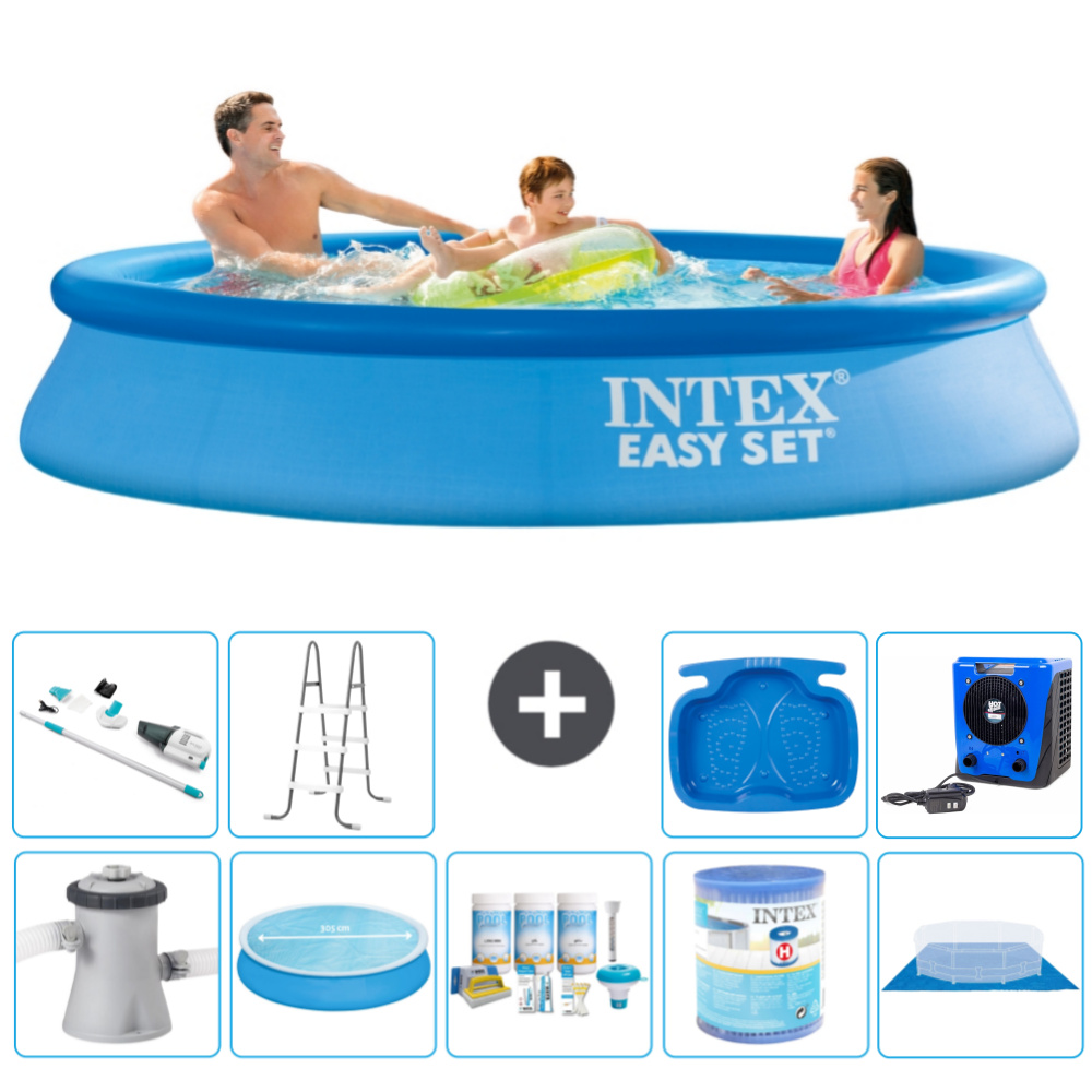 Okrúhly nafukovací bazén Intex Easy Set - 305 x 61 cm - modrý - vrátane markízy s čerpadlom - balík na údržbu - filter - podložka - vysávač - rebrík