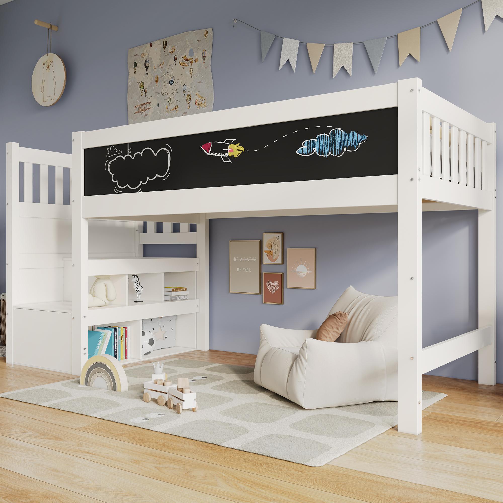 Letto A Soppalco 90x200 In Legno Bianco Con Scrivania, Armadio, Cassetti E Scala Portaoggetti, Per Bambini Da 6 Anni