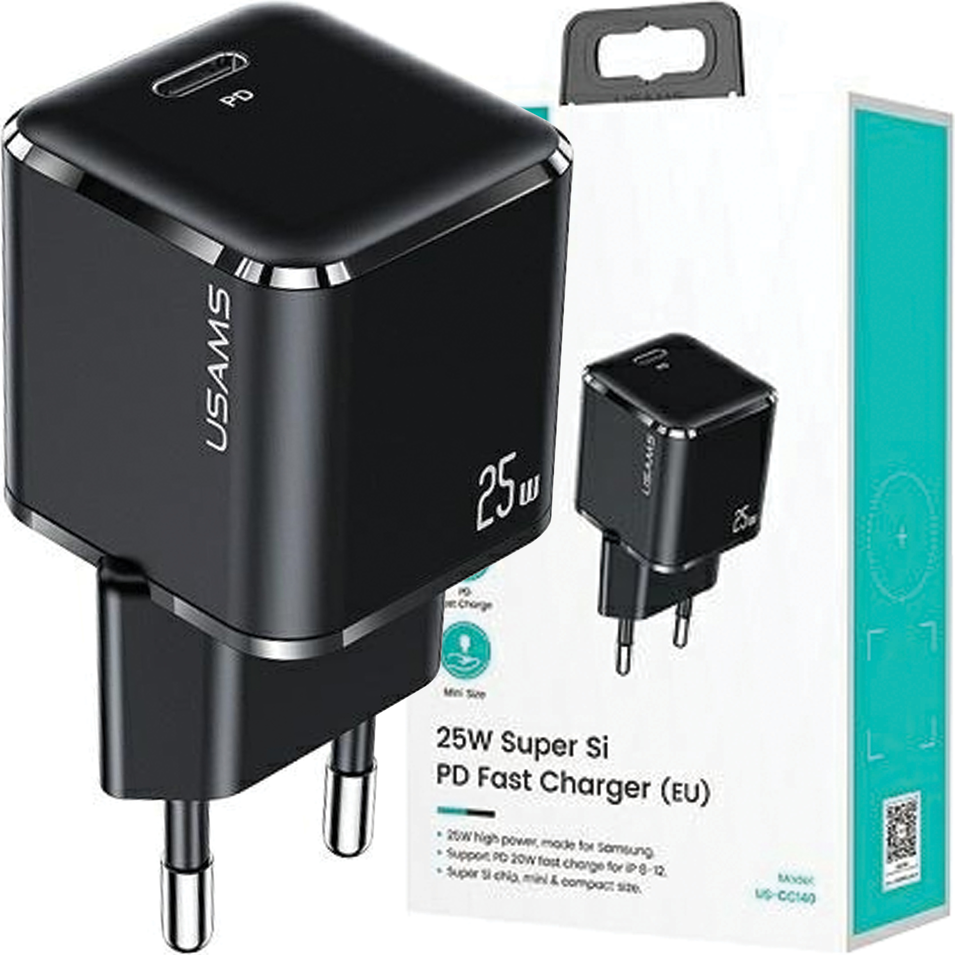 Usams Ład. Siec. 1Xusb-C T42 Mini 25W (iba hlava) Super Si 5V-3A Pd3.0 Rýchle nabíjanie čierna/čierna Cc140Tc01 (Us-Cc140)