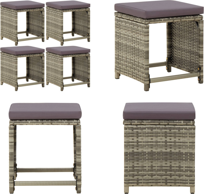 vidaXL Gartenhocker 4 Stk. mit Kissen Poly Rattan Grau - Hocker - Gartenhocker - Outdoor Hocker - Terrassenhocker