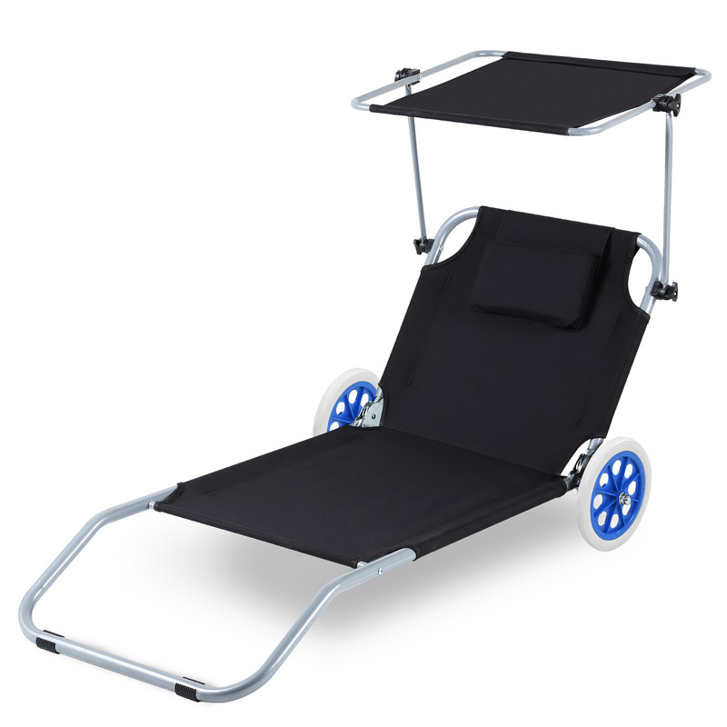 Lehátko Záhradné lehátko Skladacie lehátko s ochranou proti slnku a 2x kolieskami, s úložnou taškou Hliník - čierna