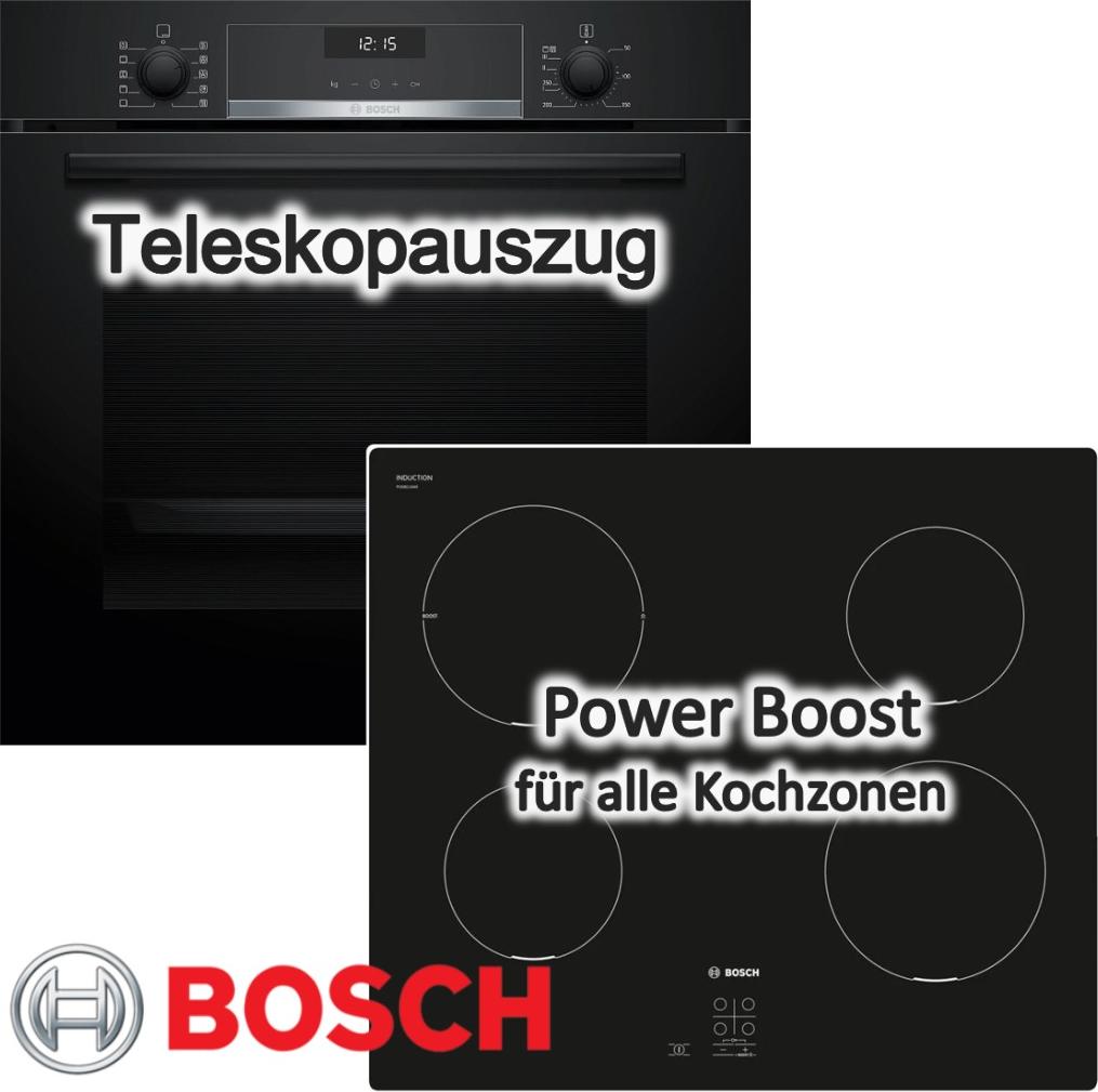 BOSCH Herdset Induktion 60 cm Teleskopauszug 3D-Heißluft ecoClean PowerBoost Schwarz HBG537EB3+PUG611AA5E
