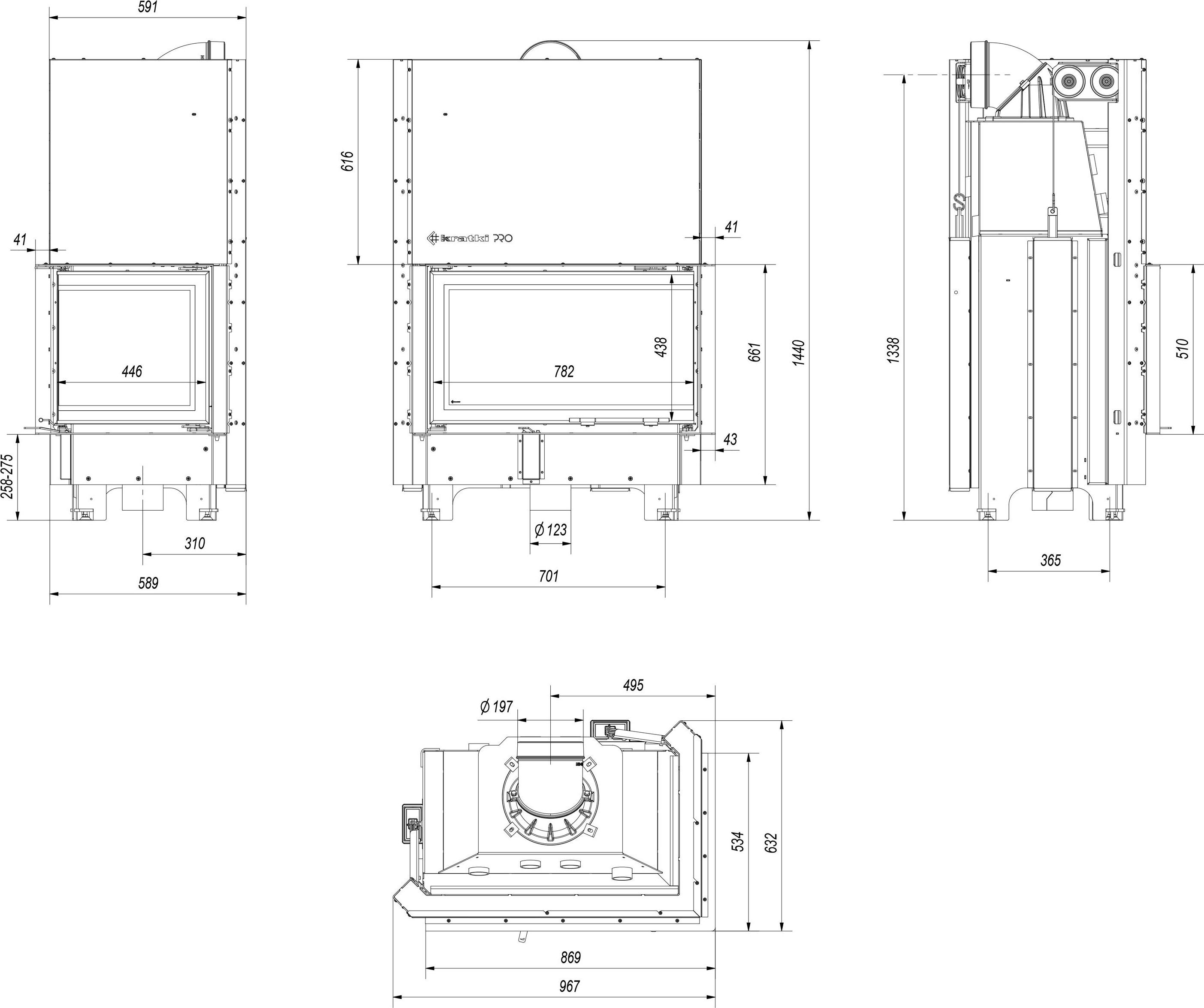 Oceľový krb KRATKI MBO pravý 15 kW Ø 200 Lift-up čierny thermotec
