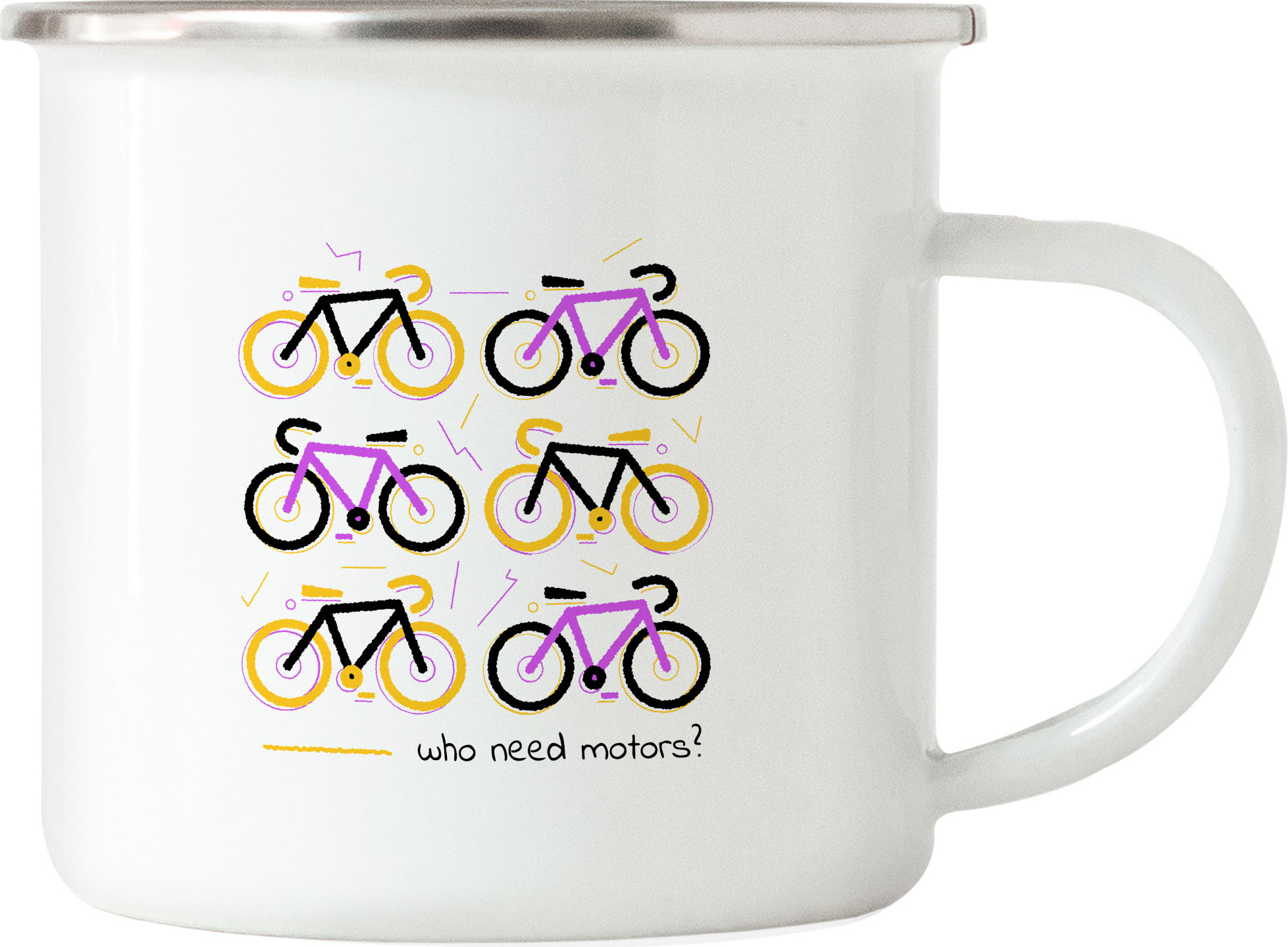 Hey!Print Who Needs Motors Emaille Tasse Fahrrad Motiv für Sportbegeisterte und Hobby Radfahrer Fahrradfahrer Fahrradfahrerin HP-1208-E