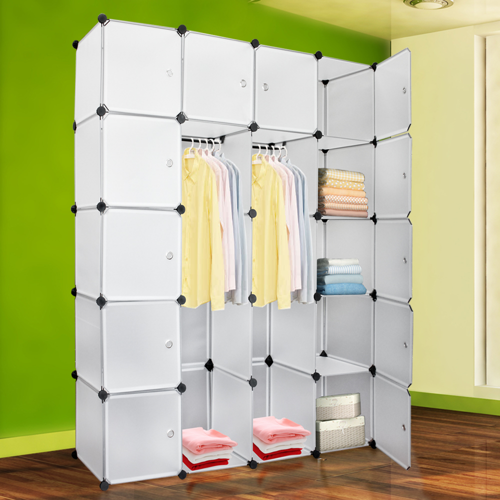 EINFEBEN 20 Wuerfel Weiss Kleiderschraenke schrank regalsystem Kleiderschrank kleiderschränke Kunststoff DIY Garderobenschrank mit Tueren Garderobe fuer Kinderzimmer Schlafzimmer einfach zu montieren RL-HG5757-1-DCgm-h