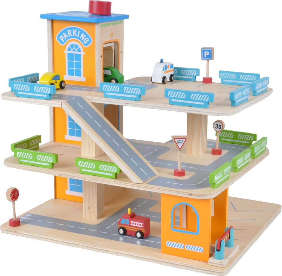 Bandits and Angels Bandits & Angels Holz-Spielzeuggarage Bandits Parkerlebnis mit 3 Etagen und Aufzug – inkl. 4 Autos – Spielzeugautogarage Holz