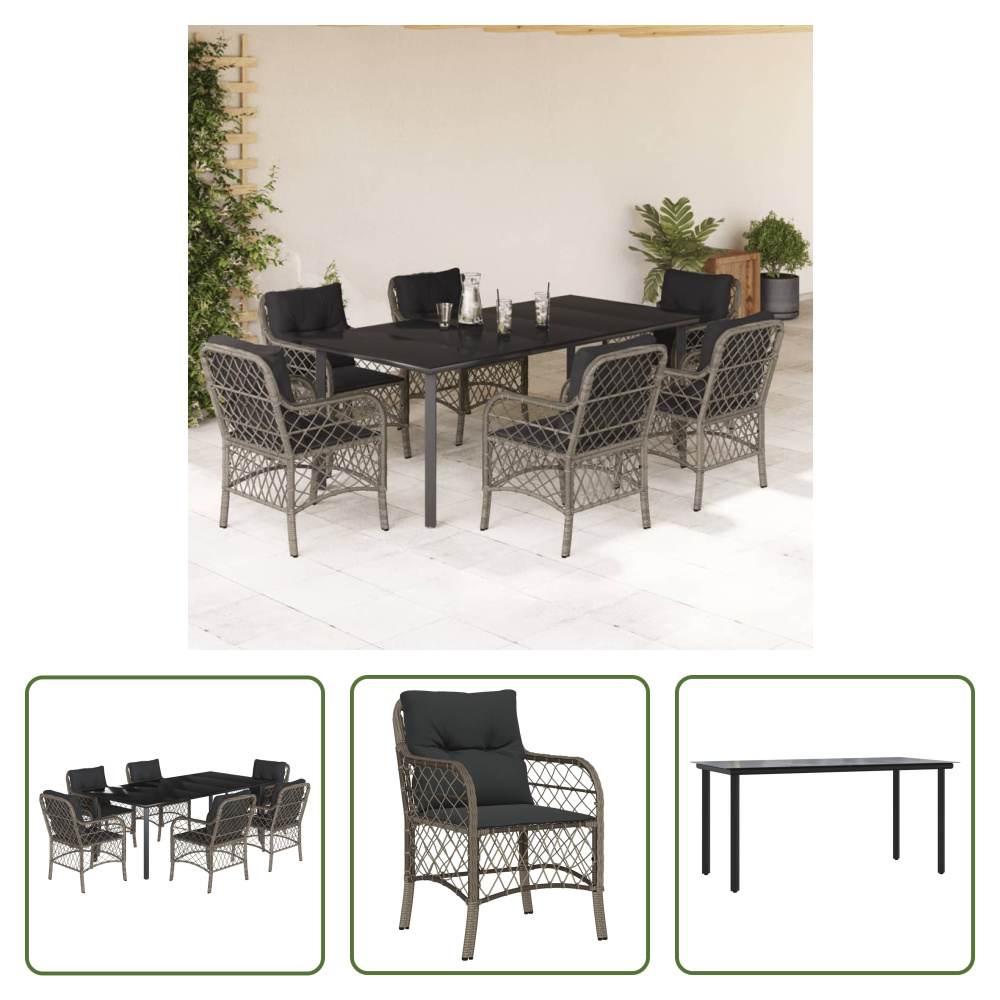 The Living Store 7-dielny záhradný jedálenský set s vankúšmi sivý polyratan
