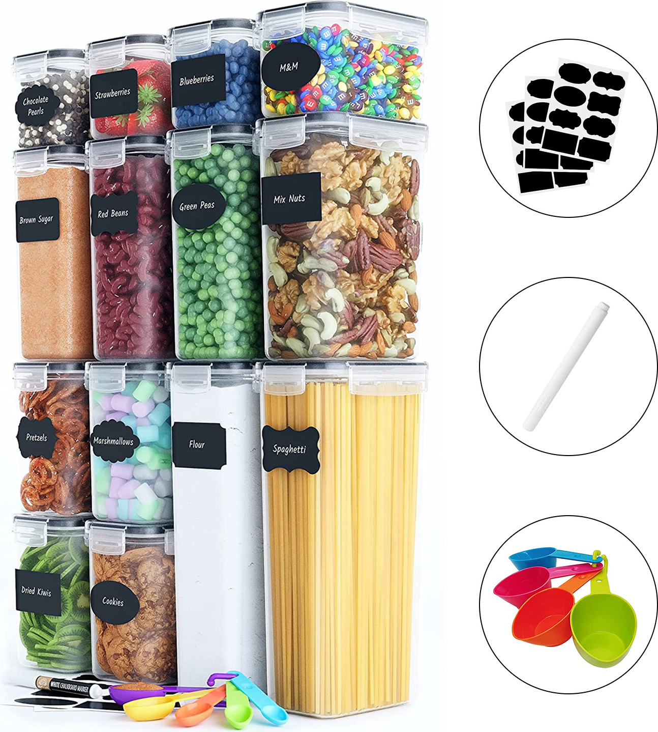 Skroam 14-teiliges Frischhaltedosen-Set – Luftdicht, BPA-frei, Mit Löffeln & Etiketten, 0,8–2,8 Liter