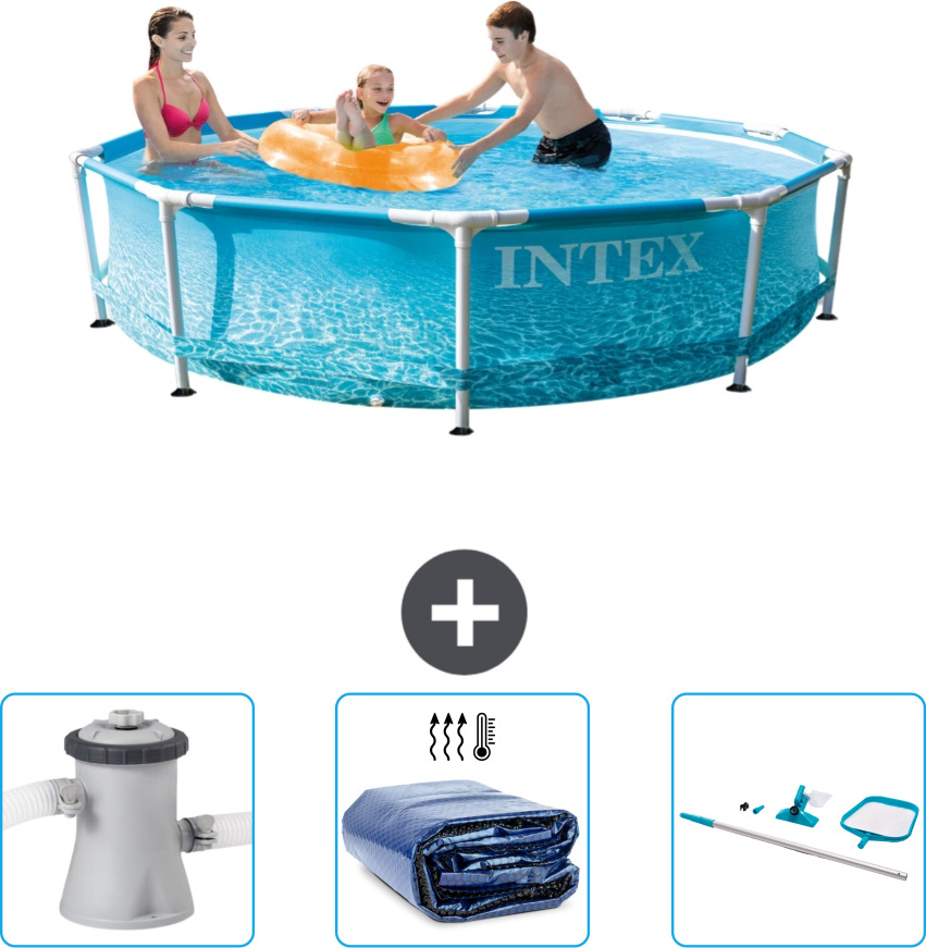 Bazén Intex s okrúhlym rámom - 305 x 76 cm - tlak vody - filtračné čerpadlo pre bazén v cene - slnečná markíza - čistiaca súprava
