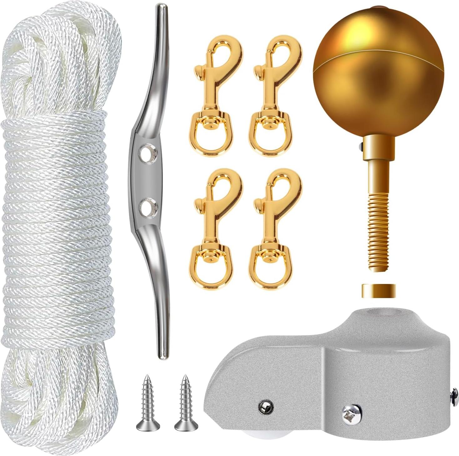 Markenlos Flaggenmast Zubehör - goldener Ball, Nylonrolle, Halyard-Seil, drehbare Haken, Cleat - Set von 5 - Aluminiumlegierung, Zinklegierung