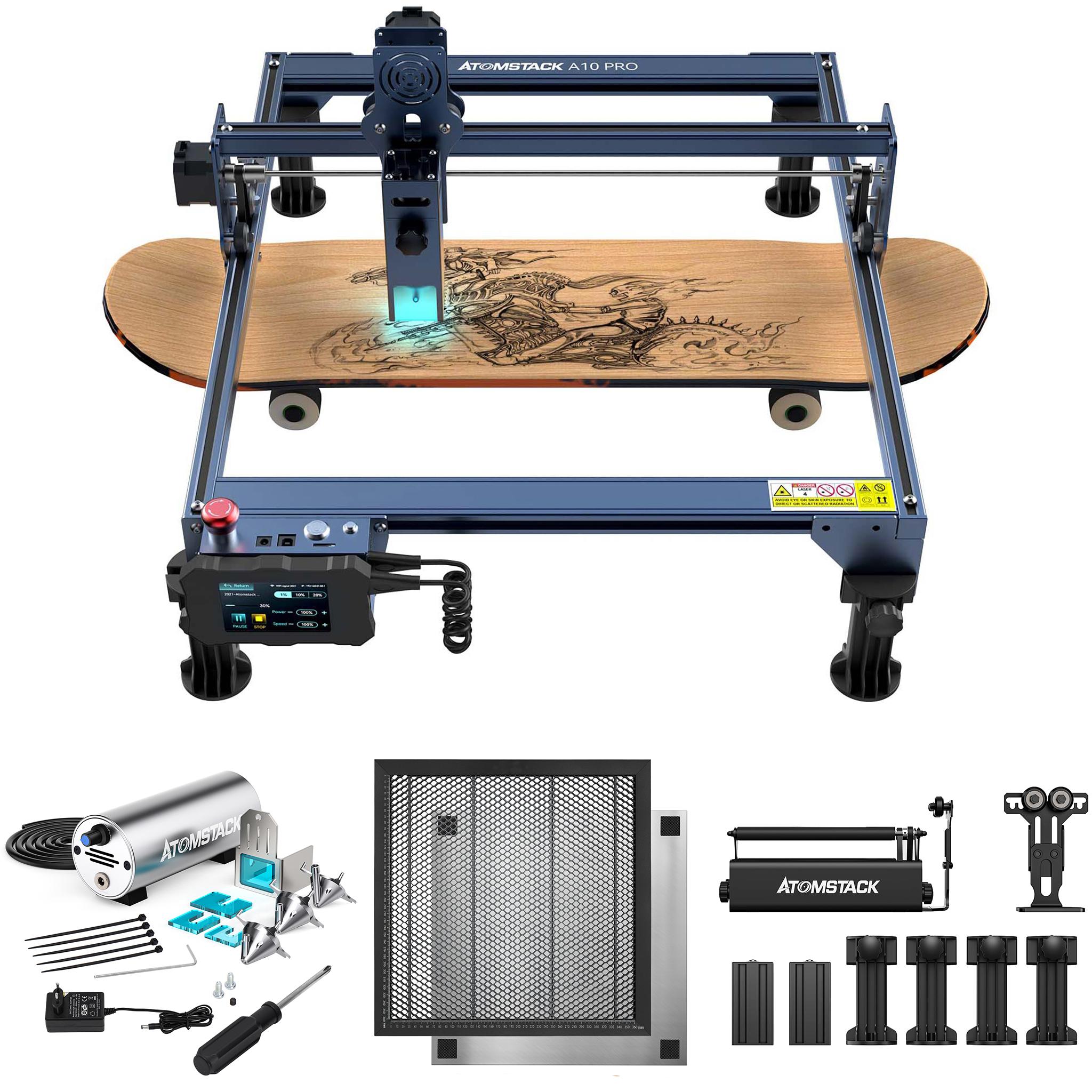 Atomstack ATOM STACK A10 PRO 4-IN-1 Kit: F30 Air Assist Kit, R3 PRO Rotary Roller und Honeycomb Wabenarbeitstisch 400*400mm)