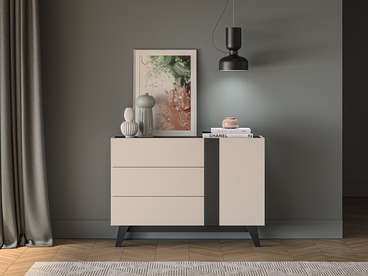 VENETI Breite Kommode CHARLOTTE - Kaschmir / Schwarz 046-10-00114