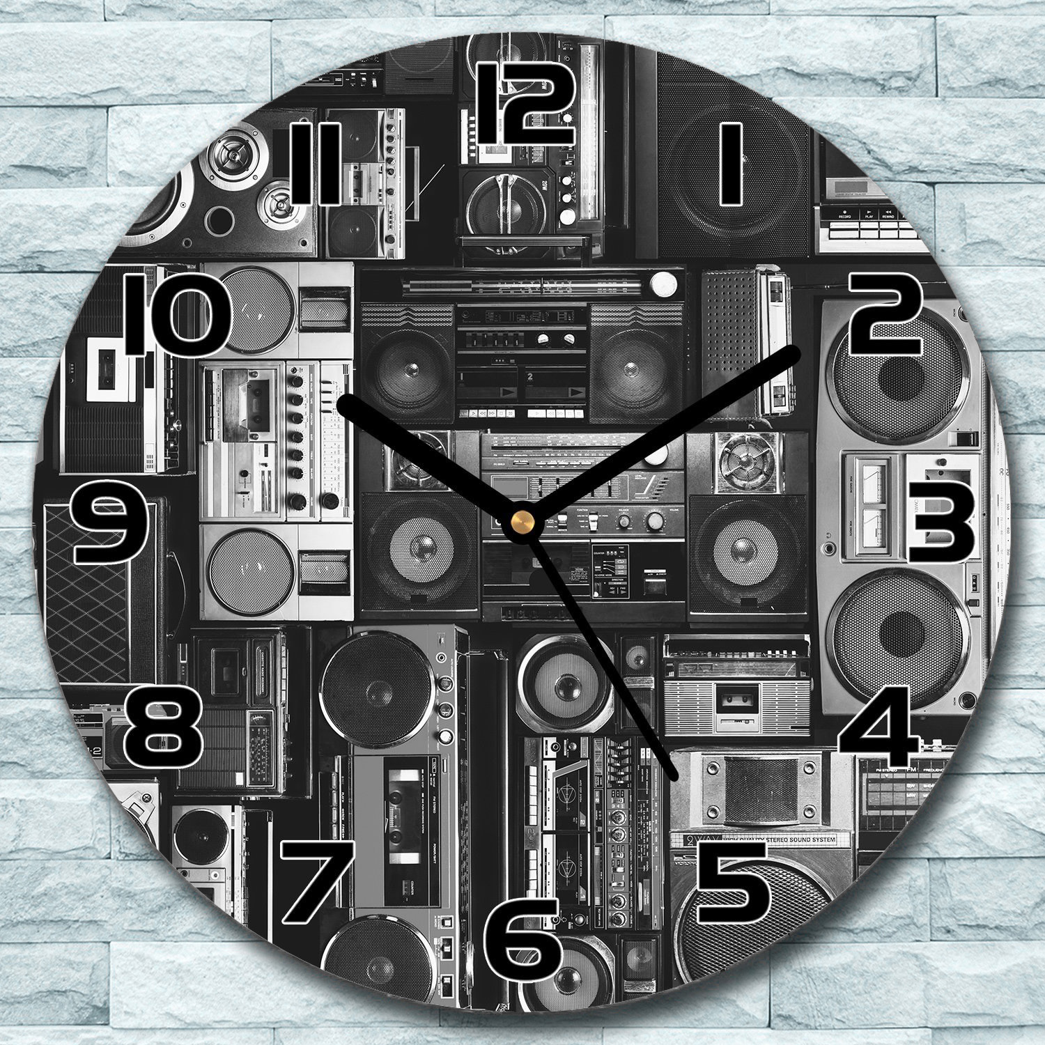 coloray Wanduhr aus Glas Rund fi 30 Kassettenrecorder Quarz Deko Schlafzimmer Büro zso-black-f30-Retroll-75