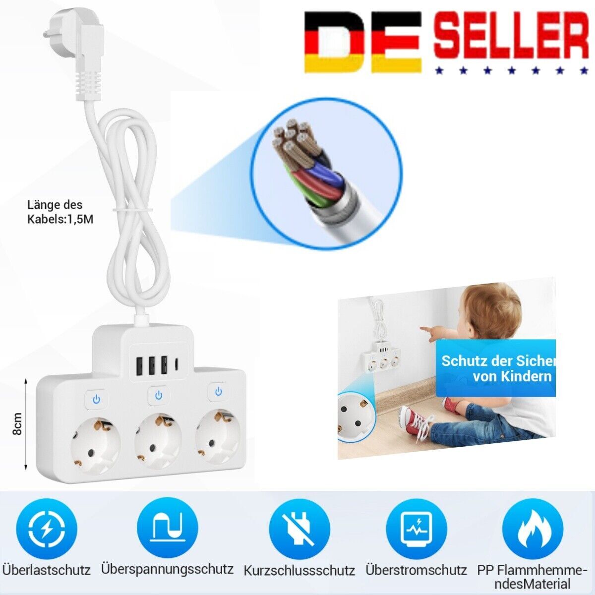 AKIS Steckdosenleiste einzeln schaltbar Mehrfachstecker Mehrfachsteckdose mit USB