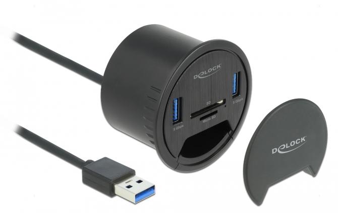 Delock 2-portový stolný rozbočovač s 2 portmi SuperSpeed USB typu A a čítačkou kariet SD a Micro, čierny, 1 ks, v krabici