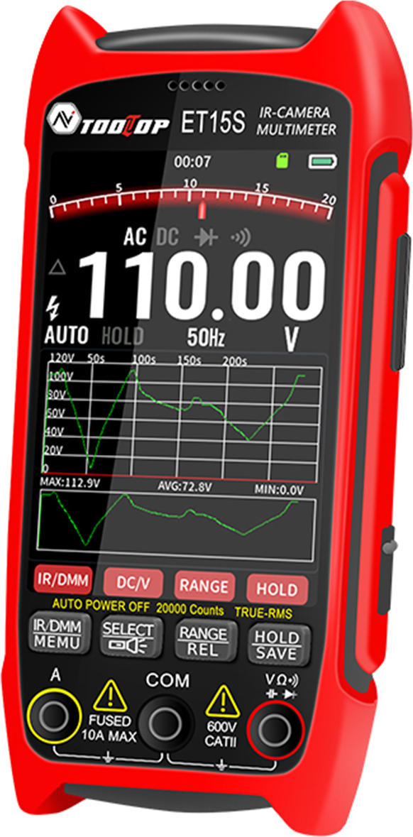 Termálny multimeter Ručný multimeter 3,5 palcový displej 320 x 480 25 Hz 50,0 ¡ã (H) ¡Á 37,2 ¡ã (V) FOV Termálna kamera s 15 režimami farebných grafov 20000 počítadiel Multimeter PC softvér Prenos a analýza údajov