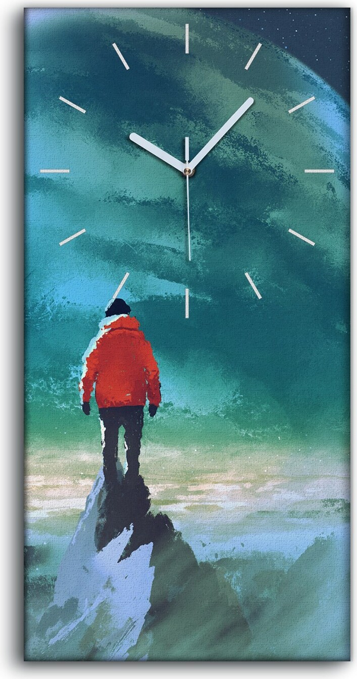 coloray Wanduhr Leinwand Bild Uhr Quarz 30x60 Mann auf dem Berg und anderer Planet - weiße Hände zcv-130133598-30x60-b