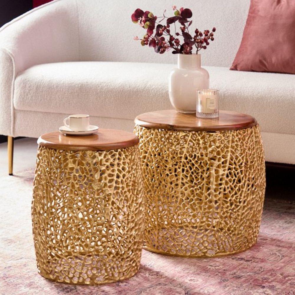 LEBENSwohnART Extravagantes 2er Set Couchtisch RIXOS gold Metall Akazie 43225