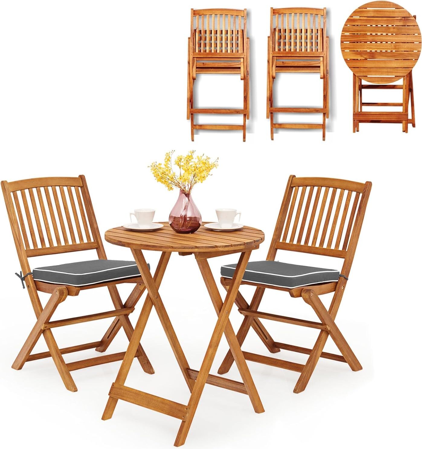 KOMFOTTEU 3 KS. Skladacia balkónová súprava, súprava balkónového nábytku z agátového dreva, súprava záhradného nábytku s 1 skladacím stolom a 2 skladacími stoličkami, bistro súprava s vankúšmi, súprava na sedenie na balkónovú záhradu (sivé vankúše)