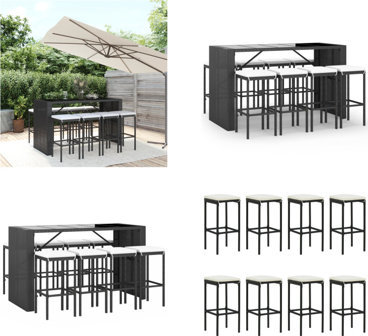 vidaXL 9 tlg. Gartenbar Set mit Kissen Schwarz Poly Rattan - Gartenbar Set - Gartenbar Sets - Garten Bar Set - Gartenbar