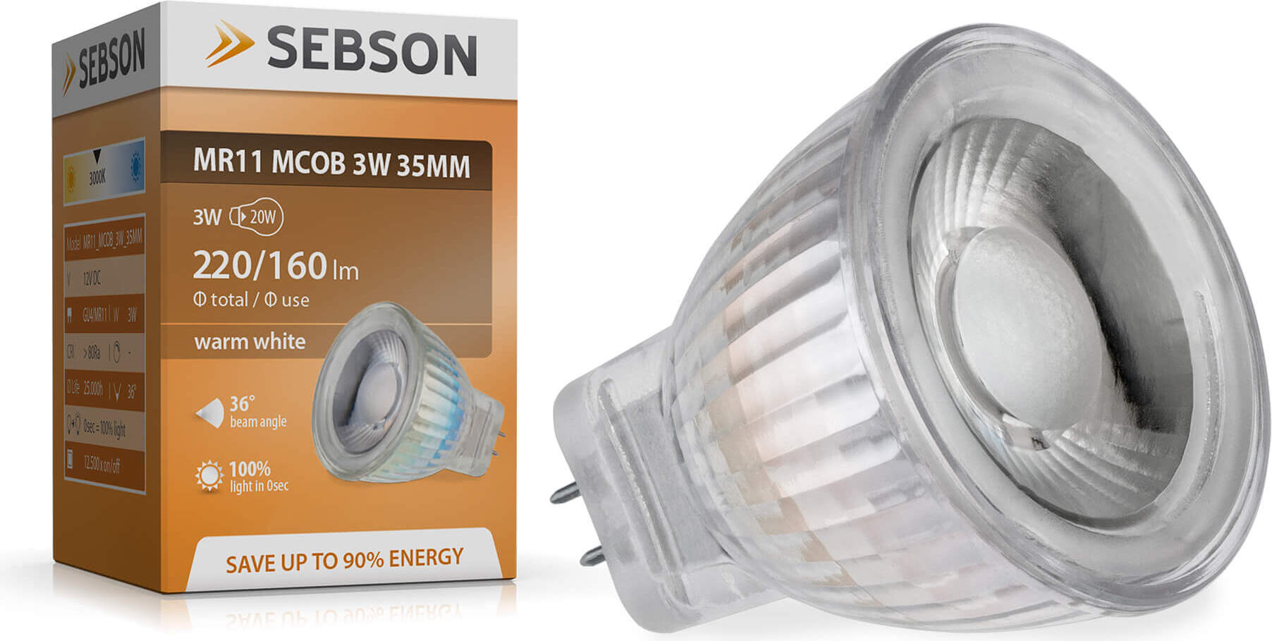 LED Lampen MR11 warmweiß 3W G4 / GU4 / MR11 Leuchtmittel Strahler 12V SEBSON MR11_MCOB_3W_35MM