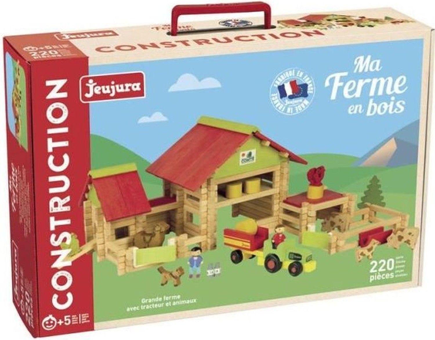 Jeujura 220 Teile Holzbaukasten Großer Bauernhof mit Traktor und Tieren JEU3225280805900