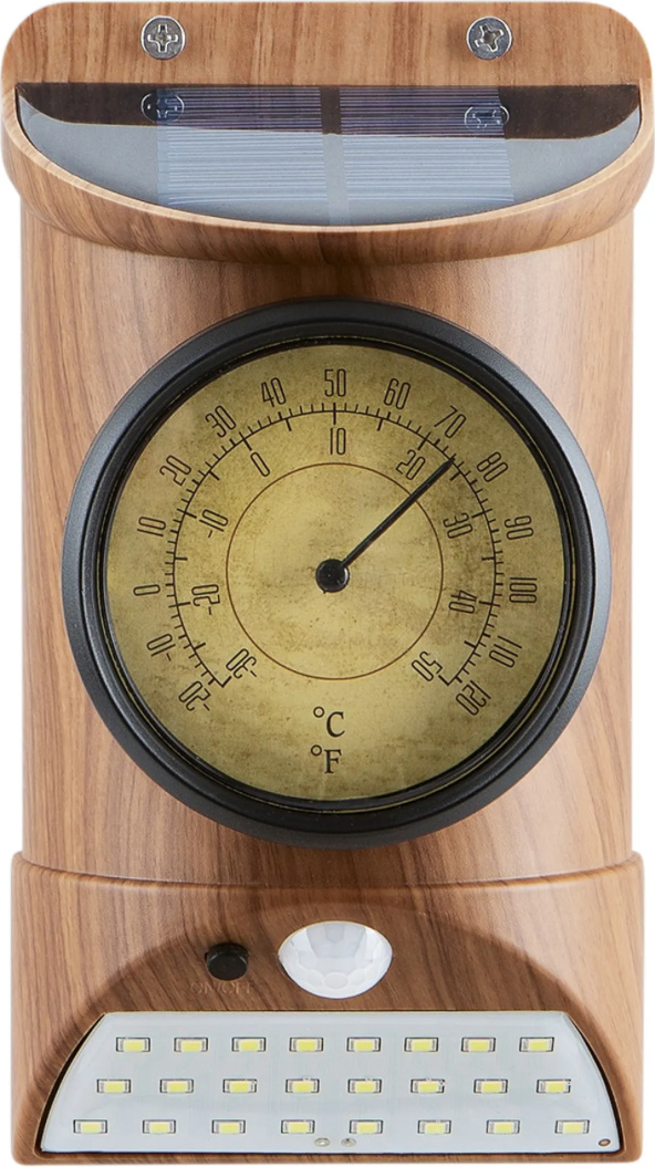 DS Produkte MAXXMEE Solar-Leuchte mit Bewegungsmelder und integriertem Thermometer - Holzoptik 01134