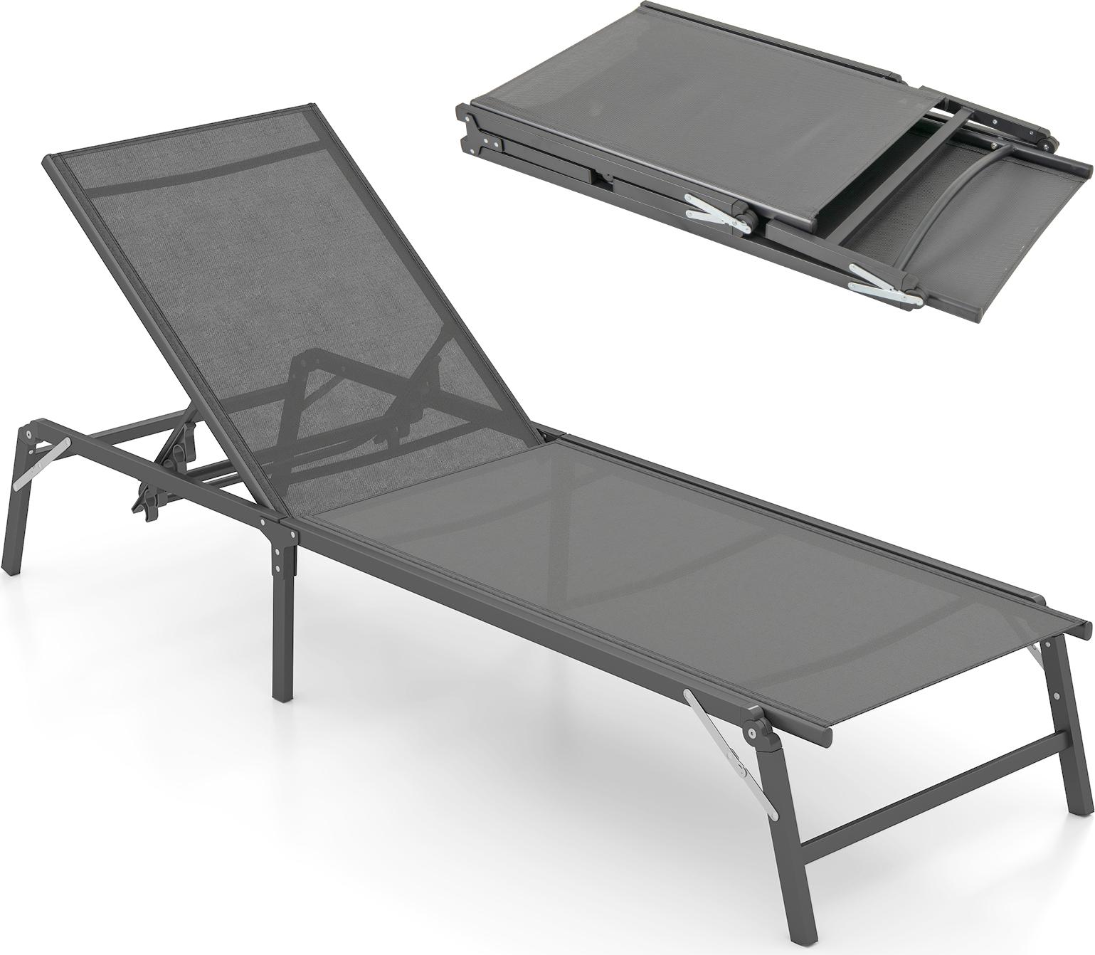 COSTWAY Skladacie lehátko, záhradné lehátko s 5 nastaviteľnými opierkami, skladacie lehátko s nosnosťou do 160 kg, prenosné lehátko sivej farby