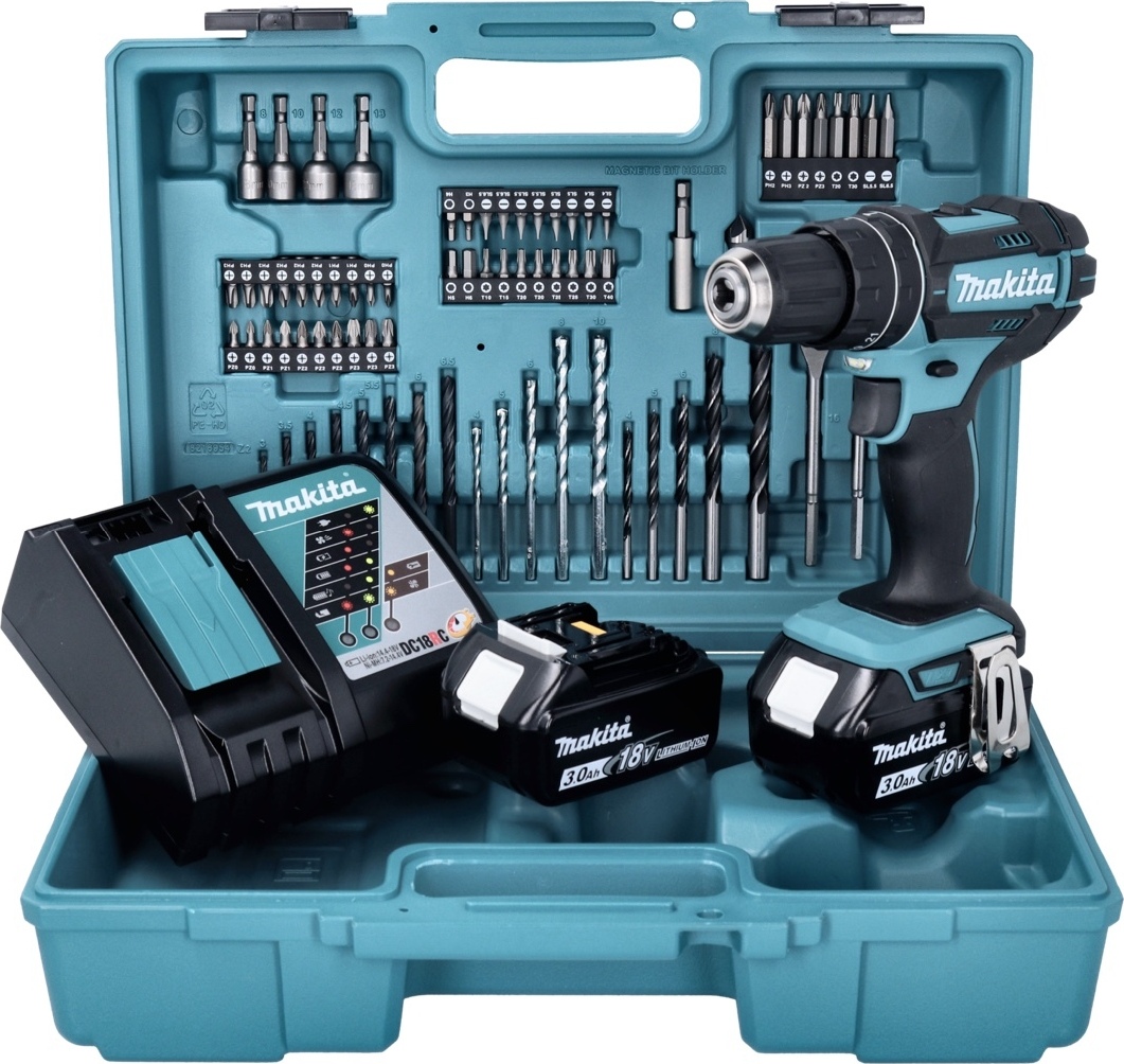 Makita DHP 482 RFX1 Akumulátorová príklepová vŕtačka 18 V 62 Nm + 2x akumulátor 3,0 Ah + nabíjačka + 74 ks sada vrtákov + kufor