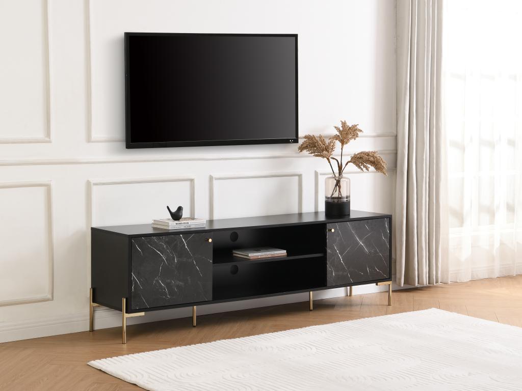 TV-Möbel mit 2 Türen & 2 Ablagefächern - MDF & Metall - Marmor-Optik Schwarz & Goldfarben - CIEMILA von Pascal Morabito
