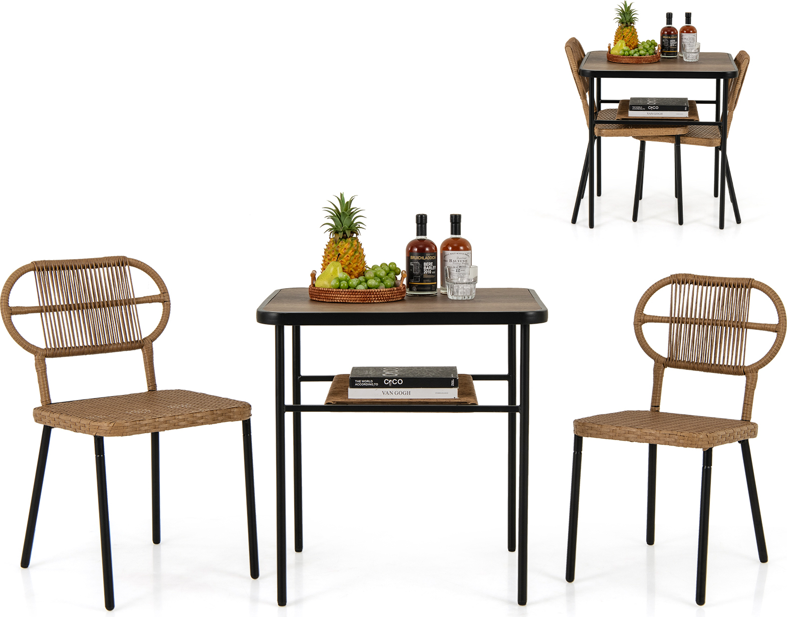 COSTWAY 3-TLG. Súprava záhradného nábytku, balkónový nábytok s 2 ratanovými stoličkami a jedálenským stolom, ratanový nábytok na terasu šetriaci priestor, vonkajšia sedacia súprava