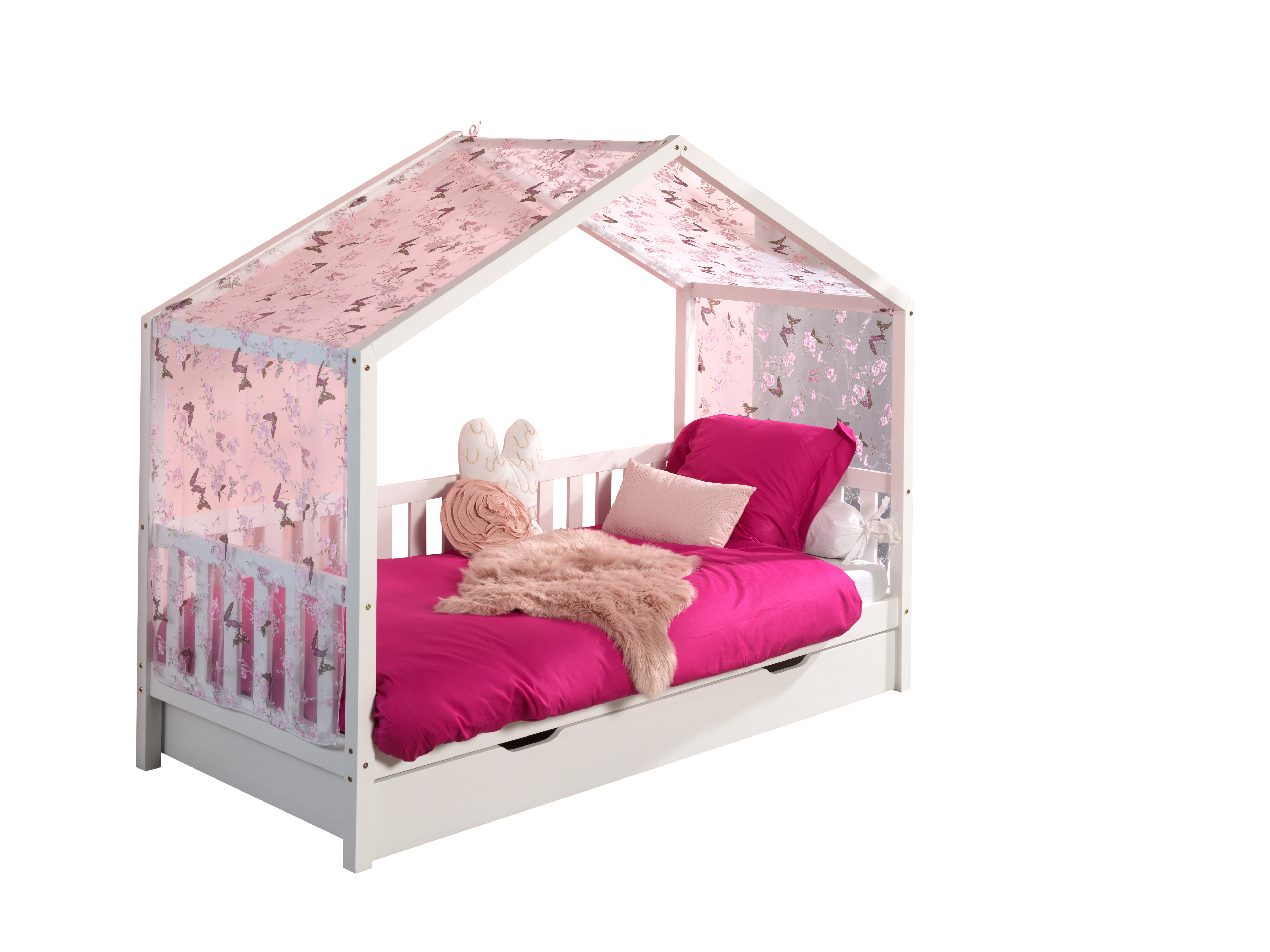 Hausbett Dallas 2 90x200 mit Bettkasten und Voile mit Schmetterlingsmuster - weiß/rosa
