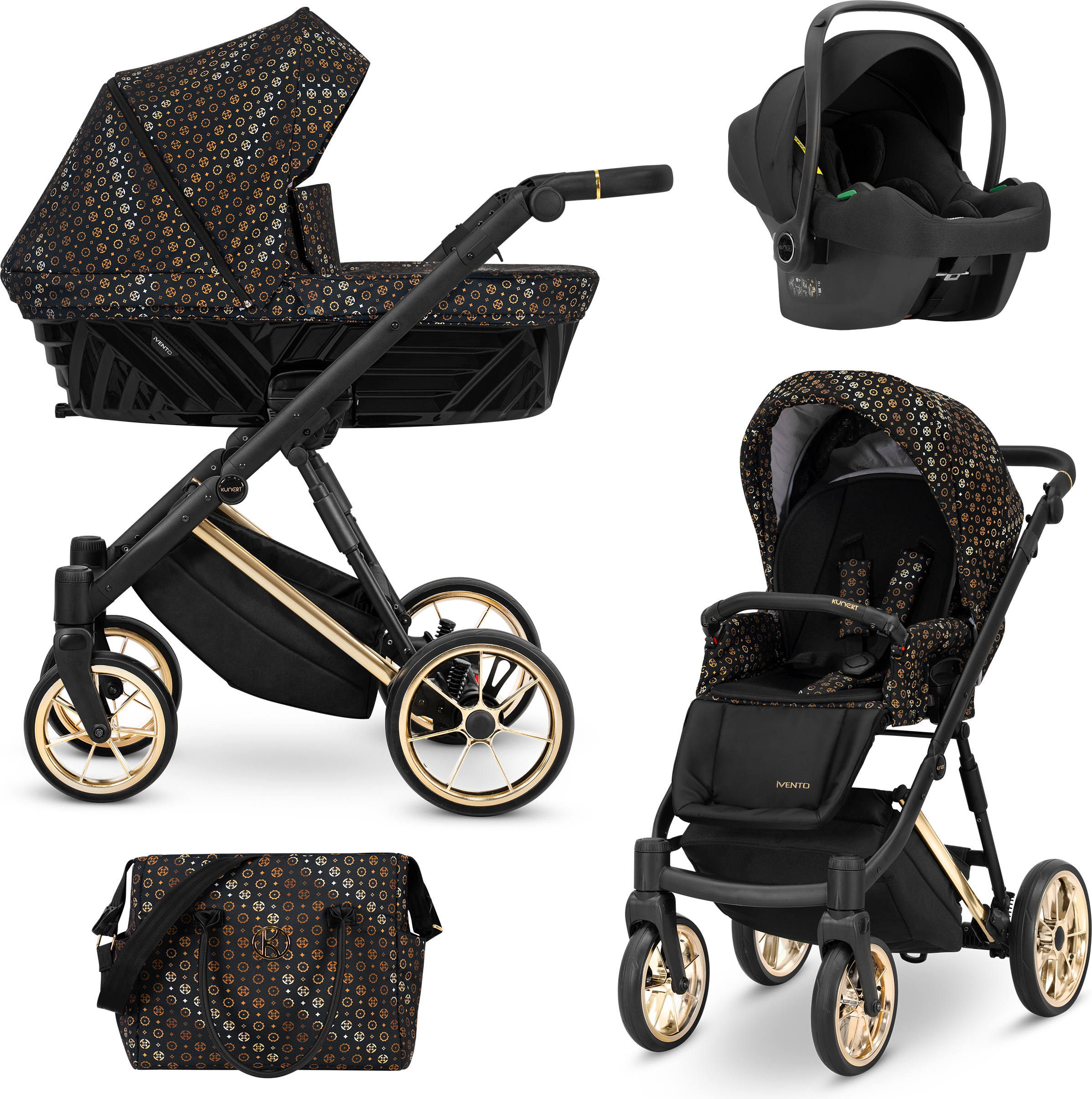 Kunert Kinderwagen IVENTO Sportwagen Babywagen Babyschale Komplettset Kinder Wagen Autositz Set 3 in 1 (Black Style, Rahmenfarbe: Gold)