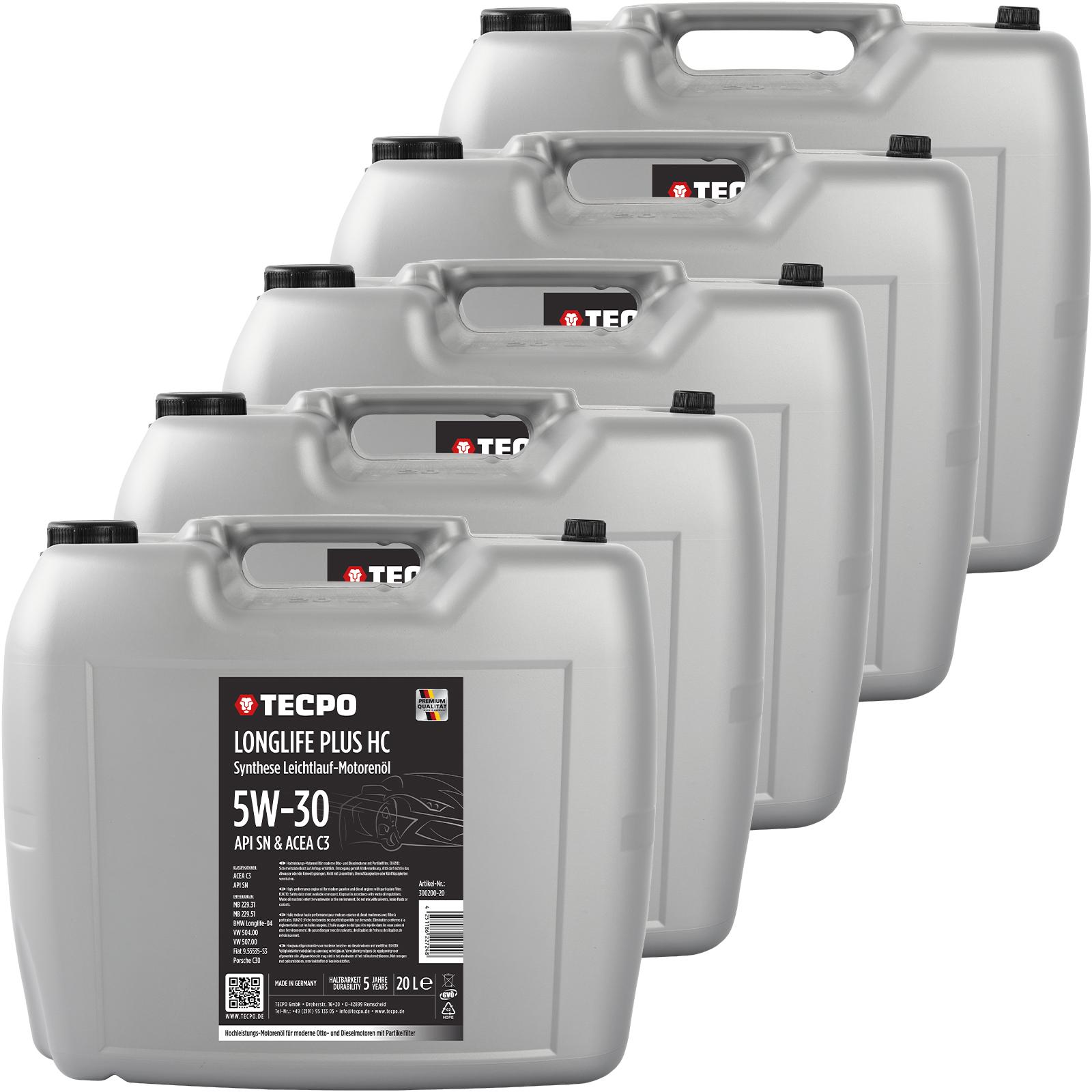 TECPO Motoröl 100 Liter 5W-30 LONGLIFE Plus HC Synthese passend für ACEA C3 / API SN / 504 / 507 / 229.31 / 229.51 / LL-04 / C30 300200-20