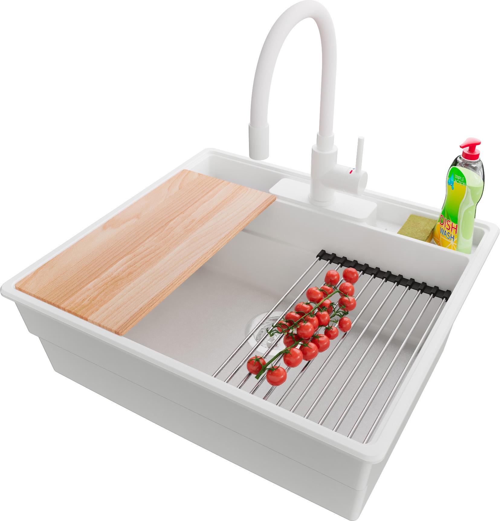 PRIMAGRAN Granitspüle Weiß 58x53cm, Spülbecken 1 Becken + Küchenarmatur 38x14cm + Ablauf-Set + Küchenzubehörset, Küchenspüle ab 60er Unterschrank - New York