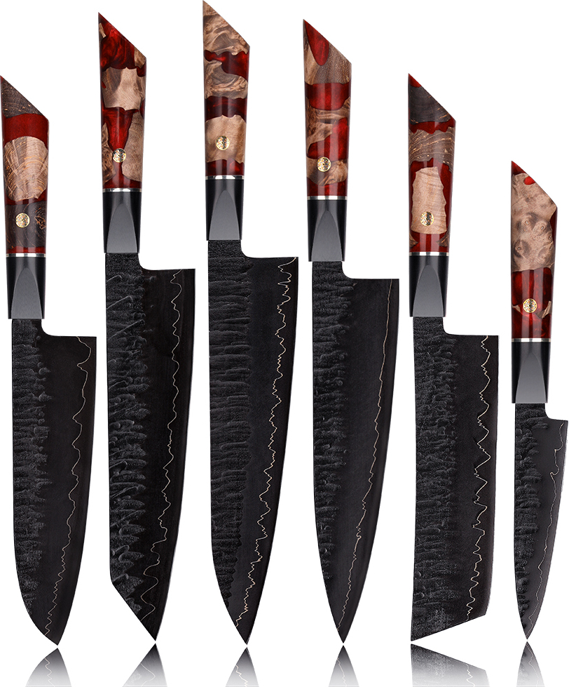 OEM Set Damast Küchenmesser EN-37398 - Rot / Braun KP37398